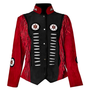 Women Native American Western Style Suede Leather Jacket Fringed & Beaded – Red & Black