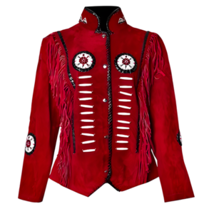 Women Native American Western Style Suede Leather Jacket Fringed & Beaded – Red