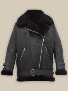 Women Pitch Black B3 Shearling Jacket