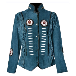 Women Suede Leather American Native Style Jacket Fringed & Beaded – Blue
