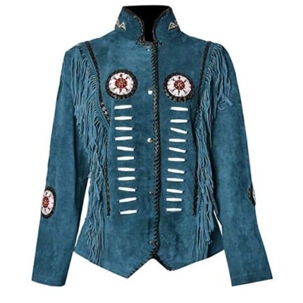 Women Suede Leather American Native Style Jacket Fringed & Beaded - Blue