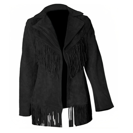 Women Suede Leather American Native Style Jacket Fringed – Black