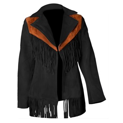 Women Suede Leather American Native Style Jacket Fringed – Black & Brown