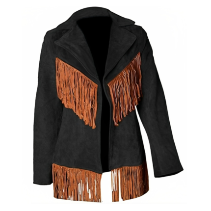 Women Suede Leather American Native Style Jacket Fringed – Black & Brown Fringes