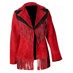 Women Suede Leather American Native Style Jacket Fringed – Red & Black