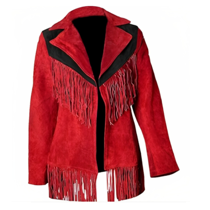 Women Suede Leather American Native Style Jacket Fringed – Red & Black