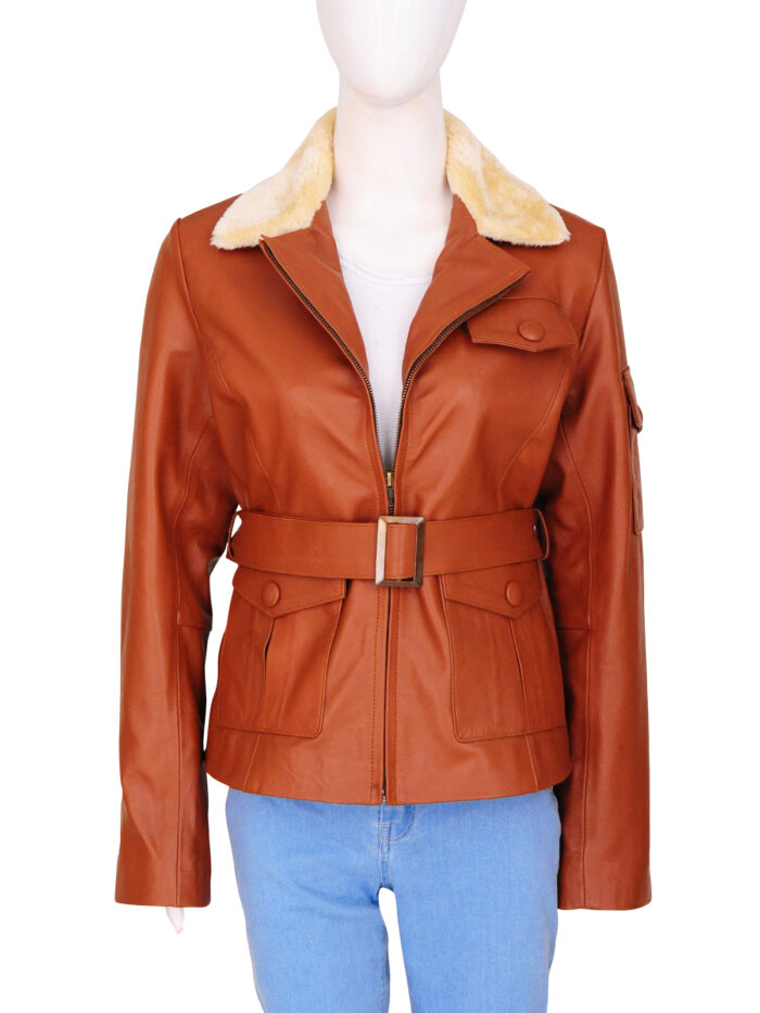 Women Tan Jacket With Fur Collar