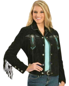 Women Vintage Black Ladies Native Fringe Western Wear Scully Leather Jacket