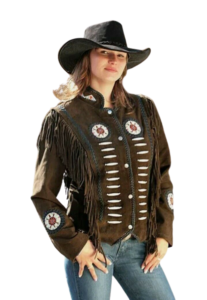 Women Vintage Brown Suede Leather Jacket Ladies Native Fringe Western Wear Coat