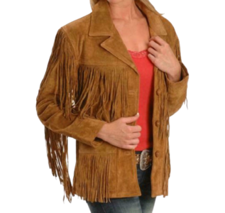 Women Western Brown Suede Leather Jacket Fringe Bone and Beads Work