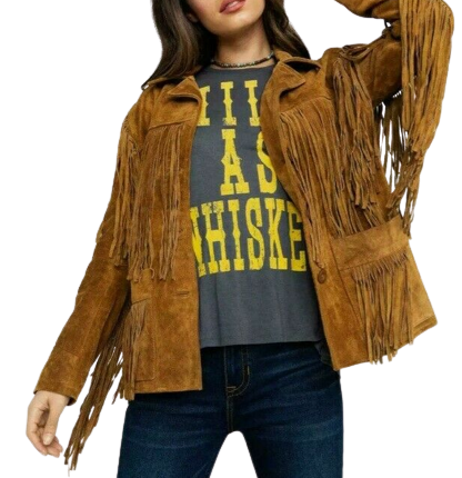 Womens Vintage Brown Suede Leather Jacket Ladies Native Fringe Western Wear Coat